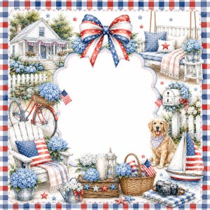 May include: A decorative frame featuring a patriotic theme with a large red, white, and blue bow at the top. The scene includes a house, a bicycle, a porch swing, a golden retriever, a sailboat, a wicker basket, and blue hydrangea flowers.