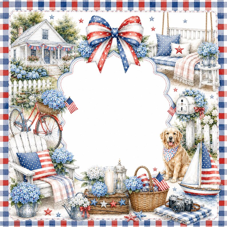 May include: A decorative frame featuring a patriotic theme with a large red, white, and blue bow at the top. The scene includes a house, a bicycle, a porch swing, a golden retriever, a sailboat, a wicker basket, and blue hydrangea flowers.