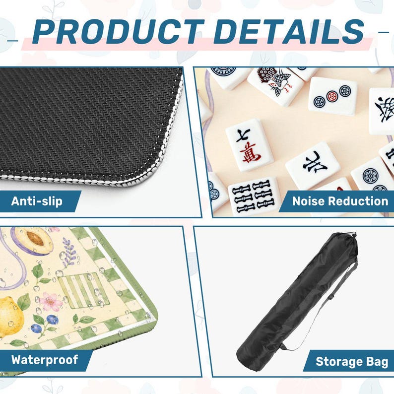 May include: A rectangular mat featuring a cream background with illustrations of lemons, plums, and green leaves. The mat has a black anti-slip textured underside, a waterproof surface, and comes with a black cylindrical storage bag for transport.