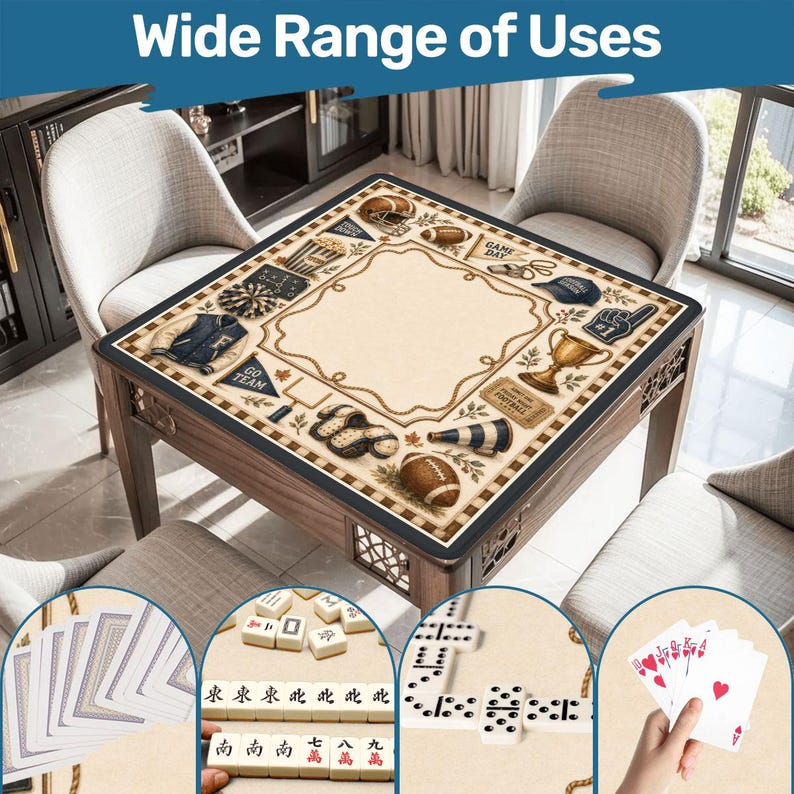 May include: A square game table featuring a cream-colored surface with a decorative border of football-themed illustrations including helmets, trophies, and pennants. The table is shown with insets displaying playing cards and mahjong tiles.
