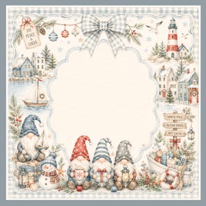 Op de afbeelding: Waterverfillustratie met een winterthema. Met kabouters, een sneeuwpop, een vuurtoren en huizen. De afbeelding heeft een lichtblauwe en witte geruite rand en bevat de tekst "JOY PEACE & CHEER".