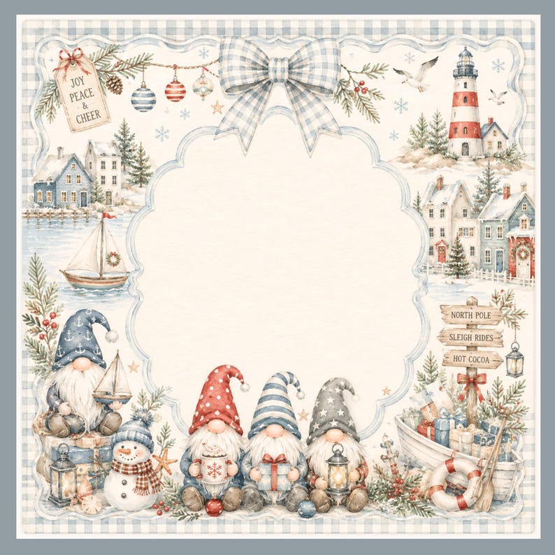 Op de afbeelding: Waterverfillustratie met een winterthema. Met kabouters, een sneeuwpop, een vuurtoren en huizen. De afbeelding heeft een lichtblauwe en witte geruite rand en bevat de tekst "JOY PEACE & CHEER".