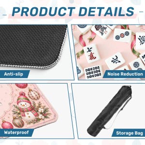 May include: A product detail collage featuring a black anti-slip mat backing, white mahjong tiles on a pink surface for noise reduction, a pink mat surface with a snowman and Christmas ornament print, and a black cylindrical storage bag with a strap.