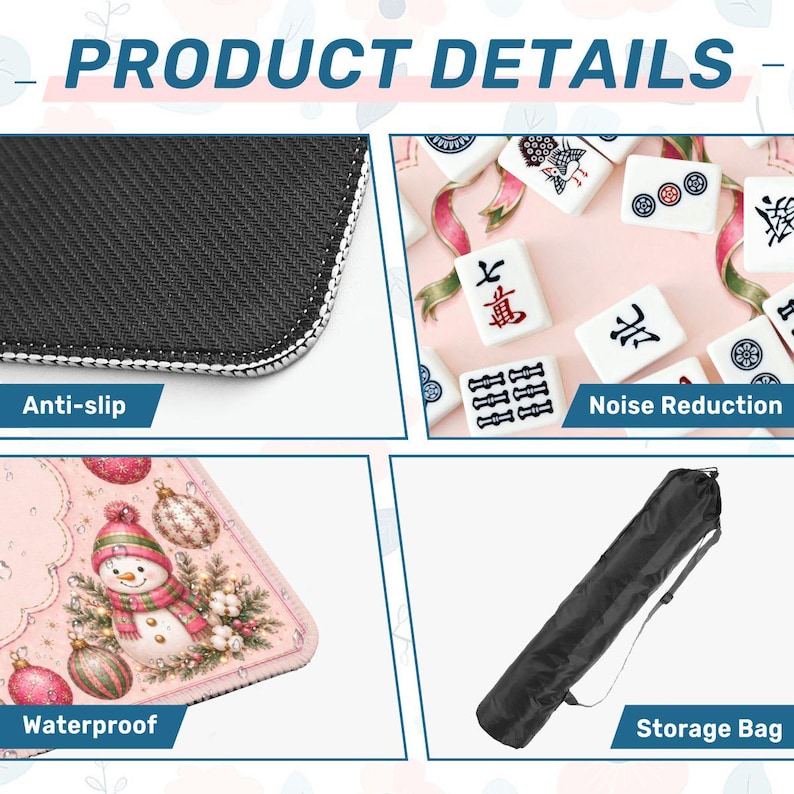 May include: A product detail collage featuring a black anti-slip mat backing, white mahjong tiles on a pink surface for noise reduction, a pink mat surface with a snowman and Christmas ornament print, and a black cylindrical storage bag with a strap.