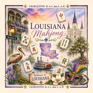 Puede incluir: Un tablero de juego cuadrado titulado Louisiana Mahjong con un mapa de Luisiana, un barco de vapor, un pel&iacute;cano, una m&aacute;scara de carnaval y fichas de mahjong. El texto incluye Charleston-R-A-L then L-A-R y Welcome to LOUISIANA.