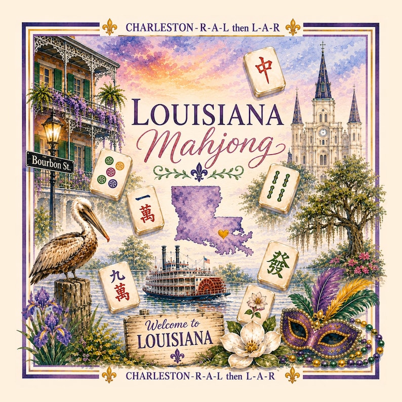 Puede incluir: Un tablero de juego cuadrado titulado Louisiana Mahjong con un mapa de Luisiana, un barco de vapor, un pel&iacute;cano, una m&aacute;scara de carnaval y fichas de mahjong. El texto incluye Charleston-R-A-L then L-A-R y Welcome to LOUISIANA.