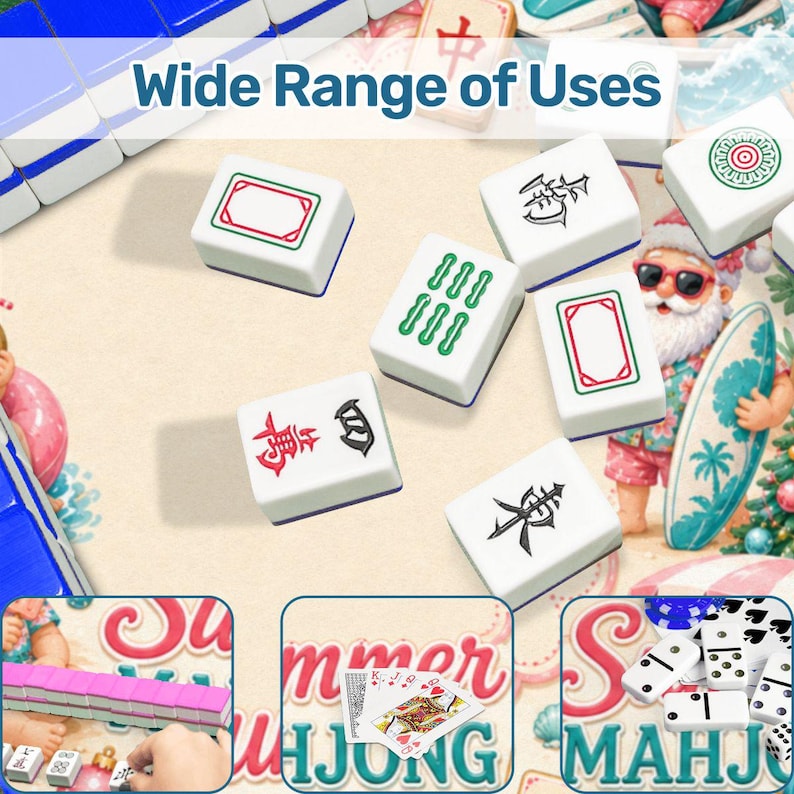 May include: White Mahjong tiles with various symbols and designs are scattered on a beige surface. The text "Wide Range of Uses" is at the top. The image also includes a Santa Claus figure with a surfboard and the words "Summer Mahjong".