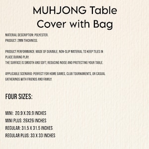 May include: A polyester Mahjong table cover with a bag, featuring a 2mm thickness. The text lists four sizes in inches: Mini 20.9 x 20.9, Mini Plus 26 x 26, Regular 31.5 x 31.5, and Regular Plus 33 x 33. The material is durable and non-slip.