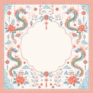 May include: A square decorative frame featuring four blue and green dragons positioned in the corners, surrounded by coral-colored peonies, hanging lanterns, and small fans. The central area is a blank, scalloped-edge cream space.
