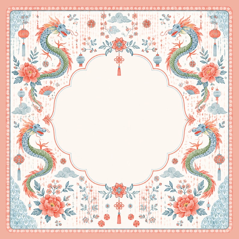 May include: A square decorative frame featuring four blue and green dragons positioned in the corners, surrounded by coral-colored peonies, hanging lanterns, and small fans. The central area is a blank, scalloped-edge cream space.