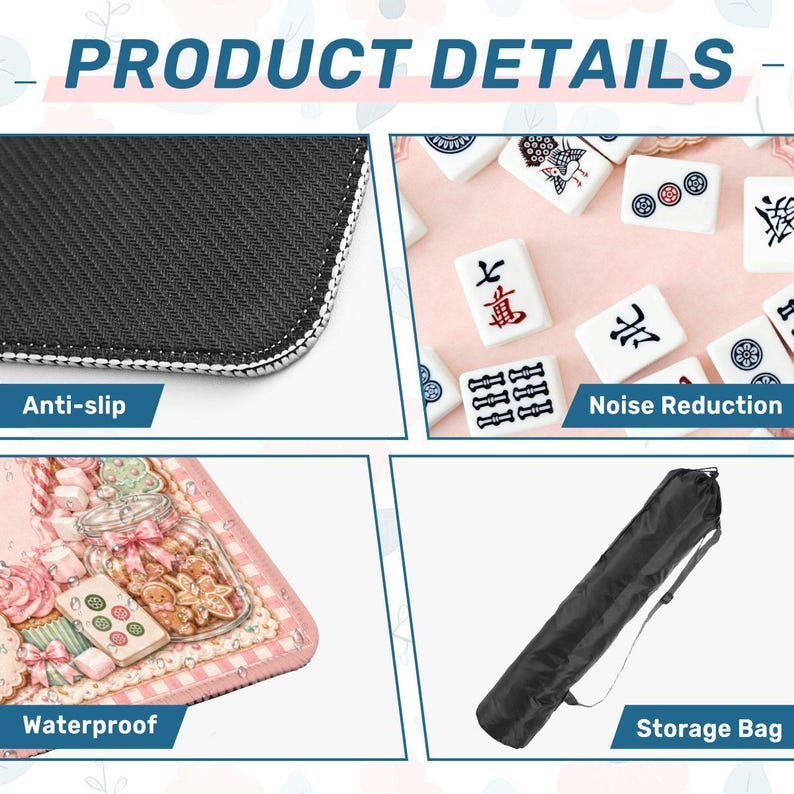 May include: A product detail collage showing a mahjong mat with a black anti-slip textured underside, white mahjong tiles for noise reduction, a pink patterned surface with a gingerbread cookie jar graphic, and a black cylindrical storage bag.