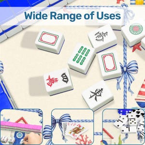 May include: White Mahjong tiles with red, green, and black symbols and designs are scattered on a beige surface. The text "Wide Range of Uses" is at the top. The image also shows playing cards, dominoes, and other Mahjong tiles.