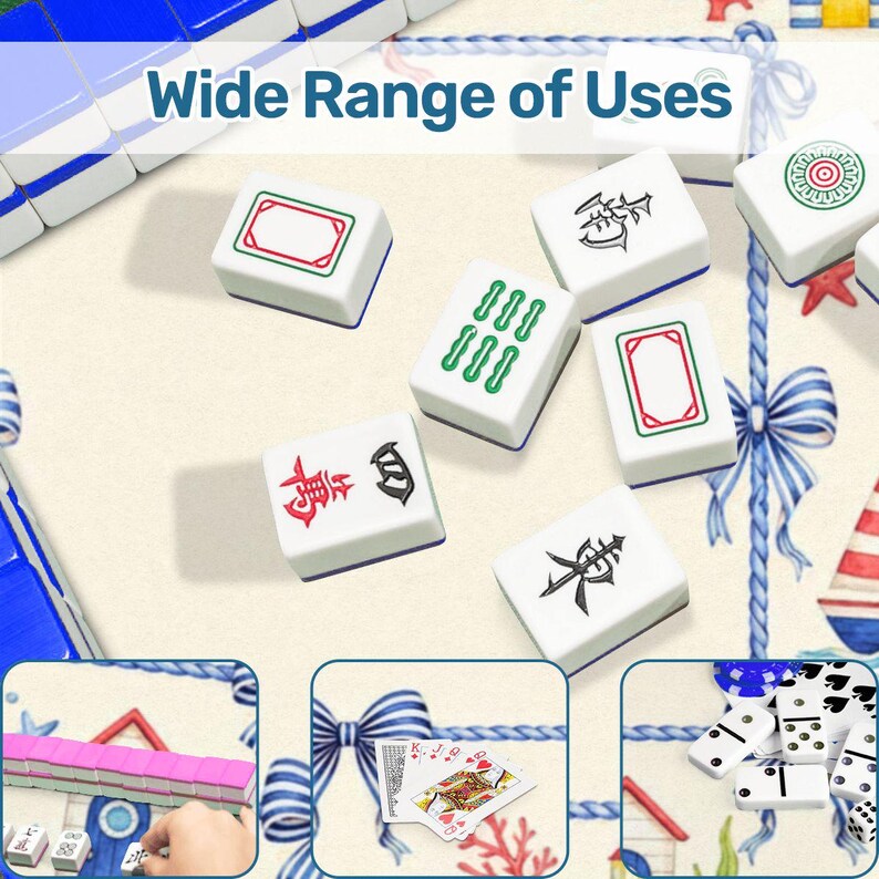 May include: White Mahjong tiles with red, green, and black symbols and designs are scattered on a beige surface. The text "Wide Range of Uses" is at the top. The image also shows playing cards, dominoes, and other Mahjong tiles.