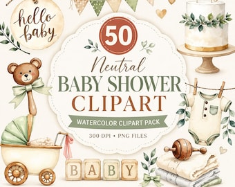 Neutrale baby shower clipartbundel, boho baby clipart, aquarel baby png, teddybeer clipart, babyshower decoratie, kwekerij clipart pack