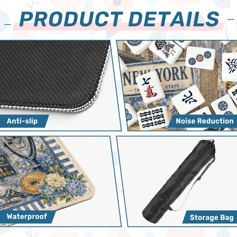 May include: Product details image featuring a black anti-slip surface, a close-up of Mahjong tiles, a waterproof mat with a floral design, and a black storage bag. The image includes the text "PRODUCT DETAILS".