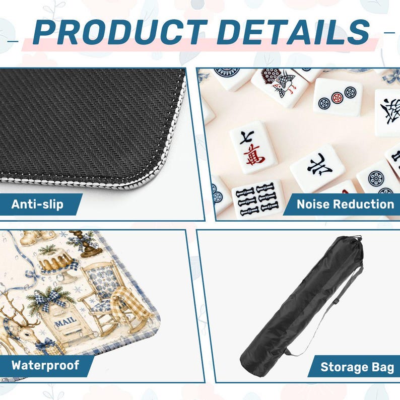 May include: A product detail collage featuring a black anti-slip mat texture, white mahjong tiles for noise reduction, a waterproof mat with a holiday-themed illustration of a mailbox, rocking chair, and deer, and a black cylindrical storage bag.