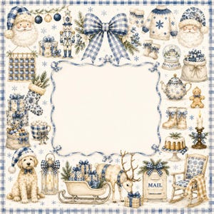 May include: A square decorative panel featuring a central blank frame surrounded by blue and white Christmas illustrations including Santa, a nutcracker, a reindeer, a dog, gifts, a mailbox labeled MAIL, a rocking chair, and winter motifs.