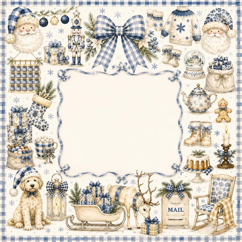 May include: A square decorative panel featuring a central blank frame surrounded by blue and white Christmas illustrations including Santa, a nutcracker, a reindeer, a dog, gifts, a mailbox labeled MAIL, a rocking chair, and winter motifs.