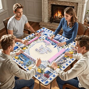 Op de afbeelding: Een vierkante speeltafel met een blauw-wit oppervlak in mediterrane stijl, versierd met citroenen, windmolens en Griekse architectuur. De tafel bevat vier roze tegelhouders en een centrale verzameling witte mahjongtegels.