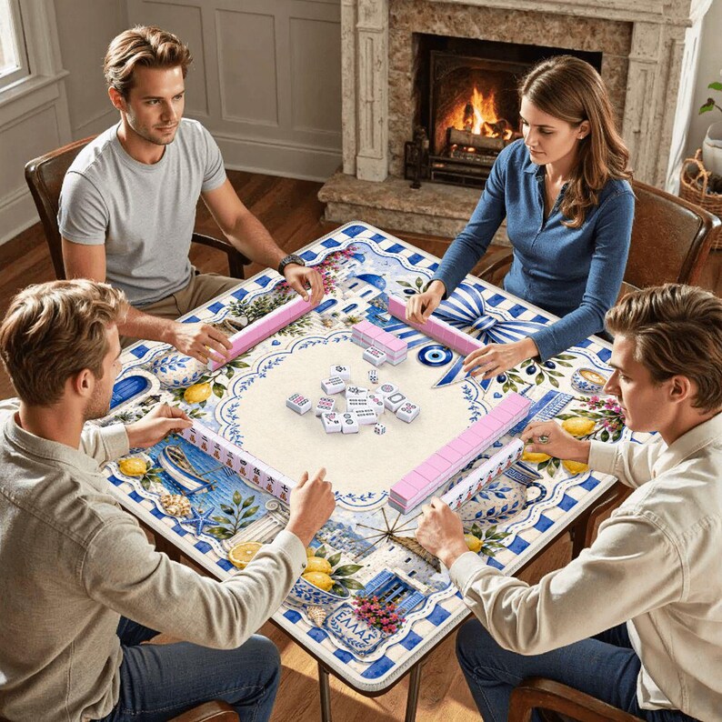 Op de afbeelding: Een vierkante speeltafel met een blauw-wit oppervlak in mediterrane stijl, versierd met citroenen, windmolens en Griekse architectuur. De tafel bevat vier roze tegelhouders en een centrale verzameling witte mahjongtegels.