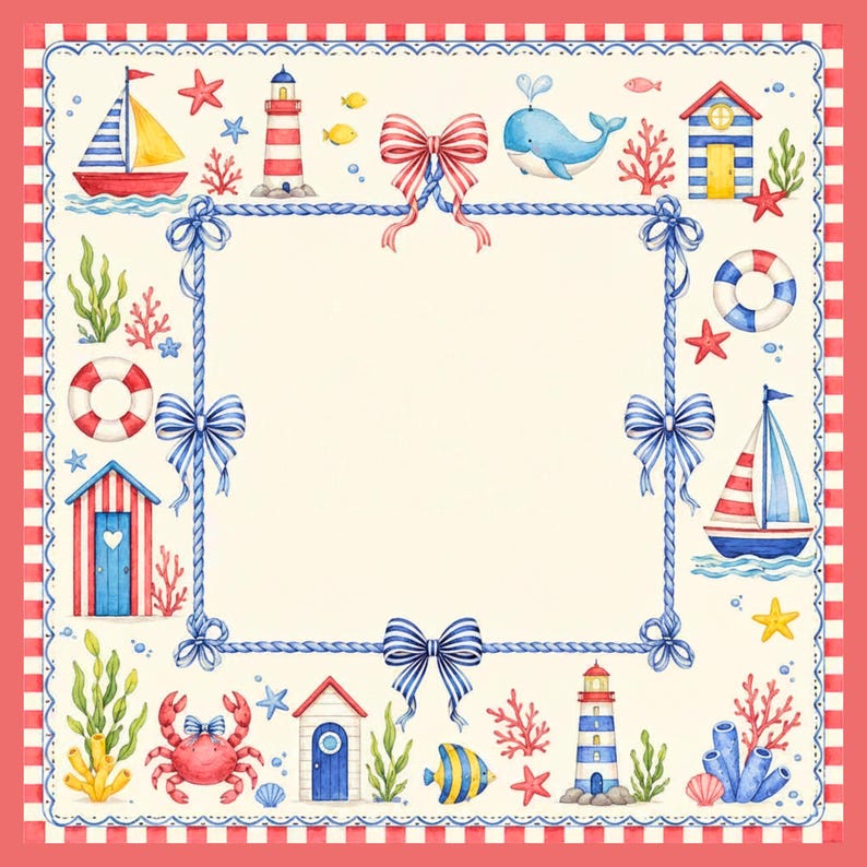May include: A nautical-themed square design with a red and white striped border. The design features sailboats, lighthouses, a whale, a crab, and other sea creatures. Blue bows and rope frame the central blank space.