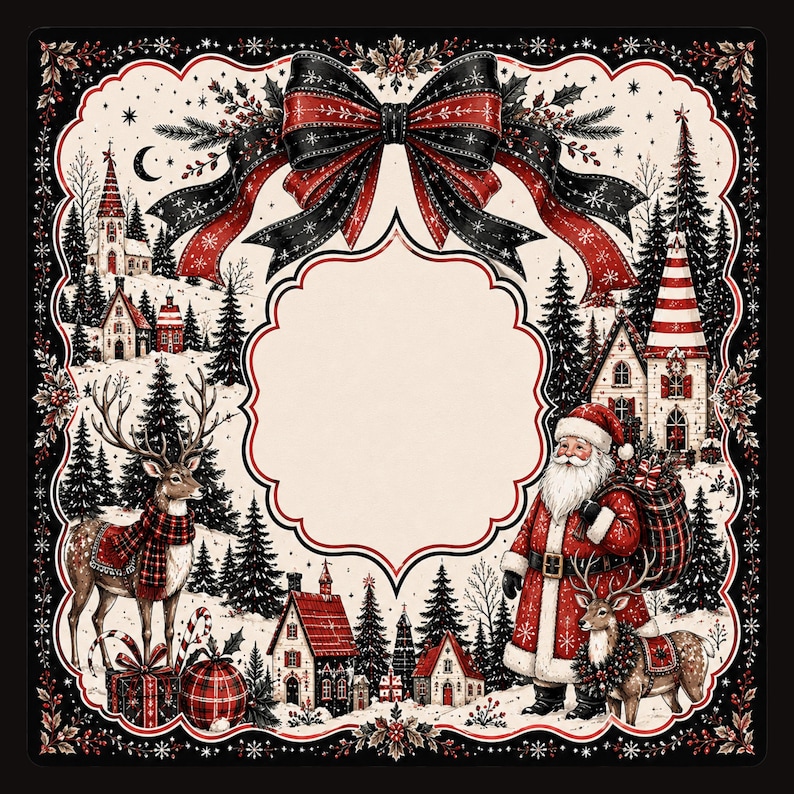 May include: A square decorative frame featuring a central blank scalloped space surrounded by a winter scene with a large black and red bow at the top. The illustration includes Santa Claus, reindeer, snow-covered houses, pine trees, and gifts.