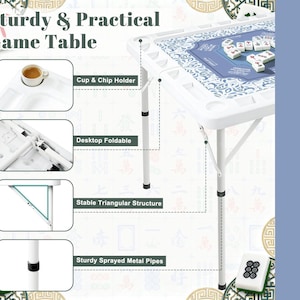 Puede incluir: Mesa de juego plegable blanca con una superficie de juego con estampado azul. Incluye un portavasos y fichas, un escritorio plegable y una estructura triangular estable. La mesa tiene tubos met&aacute;licos rociados resistentes.