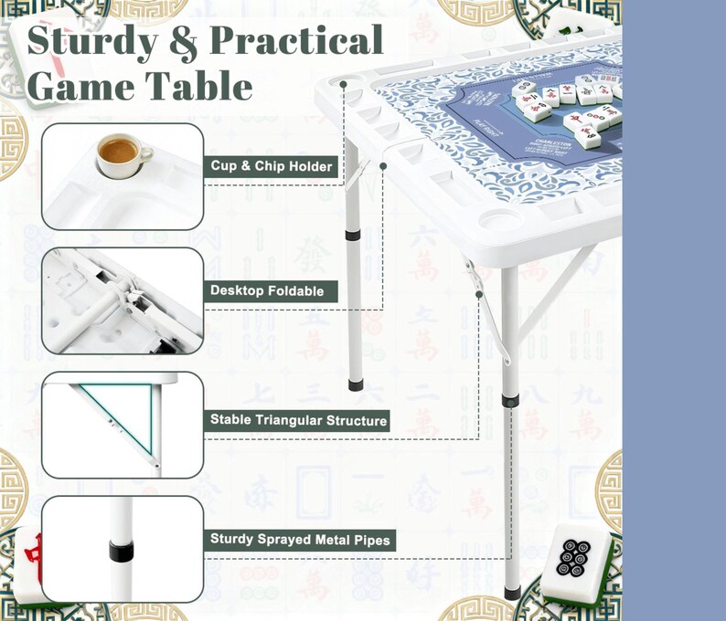 Puede incluir: Mesa de juego plegable blanca con una superficie de juego con estampado azul. Incluye un portavasos y fichas, un escritorio plegable y una estructura triangular estable. La mesa tiene tubos met&aacute;licos rociados resistentes.