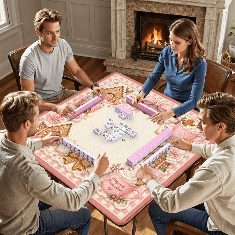 May include: Four people playing mahjong around a pink and cream-colored table. The table has a decorative design with gingerbread men, bows, and teacups. Pink tile holders and tiles are visible. The game is set up in a cozy room with a fireplace.