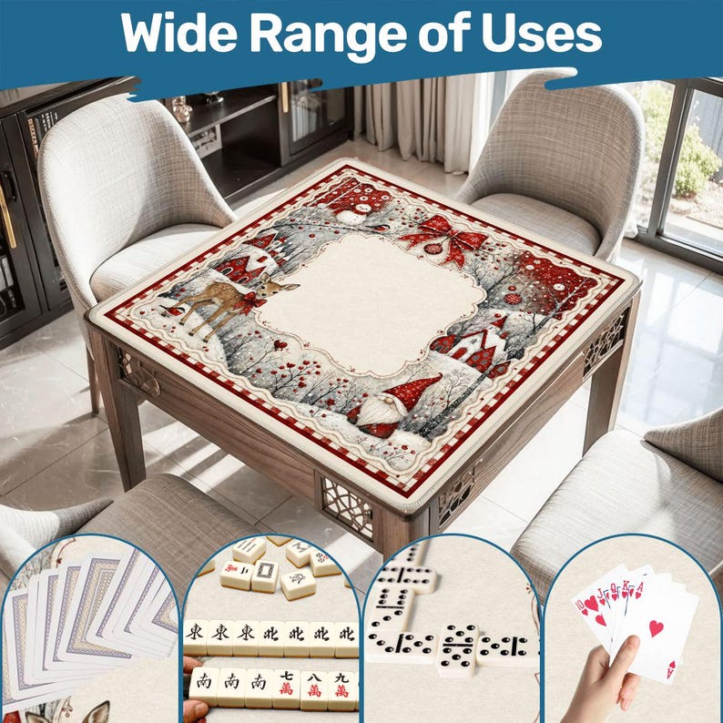 Christmas Village Mahjong Mat | Personalized Holiday Mahjong Mat | Red Winter Wonderland Mahjong Game Mat | Snowman Deer Gnome Mahjong Gift image 2