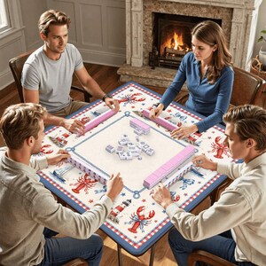 K&ouml;nnte beinhalten: Ein quadratischer Mahjong-Tisch mit nautischem Thema, mit roten Hummern, Segelbooten und Leuchtt&uuml;rmen auf cremefarbenem Hintergrund. Vier Personen spielen Mahjong, mit rosa Spielsteinst&auml;ndern und wei&szlig;en Spielsteinen. Der Tisch hat einen blau-roten Rand.