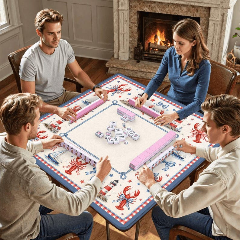 K&ouml;nnte beinhalten: Ein quadratischer Mahjong-Tisch mit nautischem Thema, mit roten Hummern, Segelbooten und Leuchtt&uuml;rmen auf cremefarbenem Hintergrund. Vier Personen spielen Mahjong, mit rosa Spielsteinst&auml;ndern und wei&szlig;en Spielsteinen. Der Tisch hat einen blau-roten Rand.