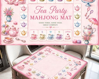 Pink Tea Party Mahjong Mat, Coquette Mahjong Table Cover, Pastel Dessert Mahjong Gift, Tea Lover Game Night Decor