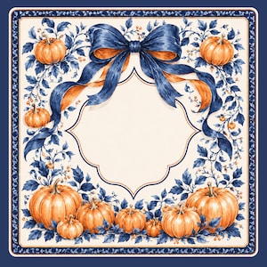 May include: A square decorative sign featuring a central cream-colored frame bordered by orange pumpkins and dark blue leafy vines. A large, flowing dark blue ribbon is tied at the top center, framing the empty space with a classic, ornate design.