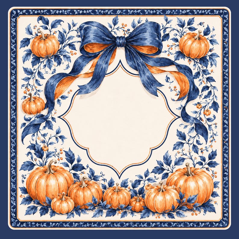 May include: A square decorative sign featuring a central cream-colored frame bordered by orange pumpkins and dark blue leafy vines. A large, flowing dark blue ribbon is tied at the top center, framing the empty space with a classic, ornate design.