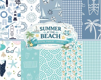 Digitale papieren bundel Summer at the Beach | Nautische strandpatronen | Plakboekpapier kust