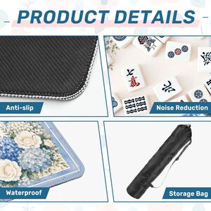 Op de afbeelding: Productdetails afbeelding met tekst: Anti-slip, Noise Reduction, Waterproof en Opbergtas. De afbeelding toont een close-up van een zwart, getextureerd oppervlak met witte stiksels, Mahjong-tegels, een bloemenontwerp en een zwarte opbergtas.
