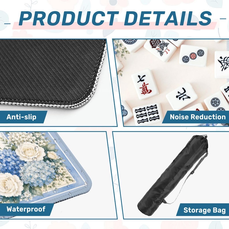 Op de afbeelding: Productdetails afbeelding met tekst: Anti-slip, Noise Reduction, Waterproof en Opbergtas. De afbeelding toont een close-up van een zwart, getextureerd oppervlak met witte stiksels, Mahjong-tegels, een bloemenontwerp en een zwarte opbergtas.