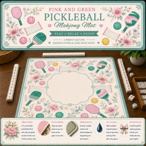 May include: Pink and green pickleball Mahjong mat with floral accents. The mat features pickleball paddles, balls, and nets. The text reads "Pink and Green Pickleball Mahjong Mat" and "Play, Relax, Enjoy". A perfect gift for mahjong players.