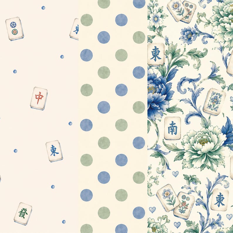 Mahjong Pattern Paper Mahjong Inspired Digital Paper Collection, Blue Sage Floral Chinoiserie ...