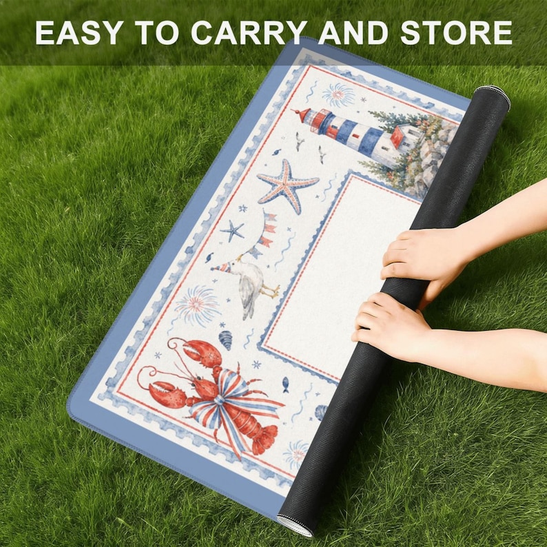 May include: A rolled-up black mat with a nautical design featuring a lighthouse, starfish, and lobster. The mat is on a blue border and the text "EASY TO CARRY AND STORE" is visible.