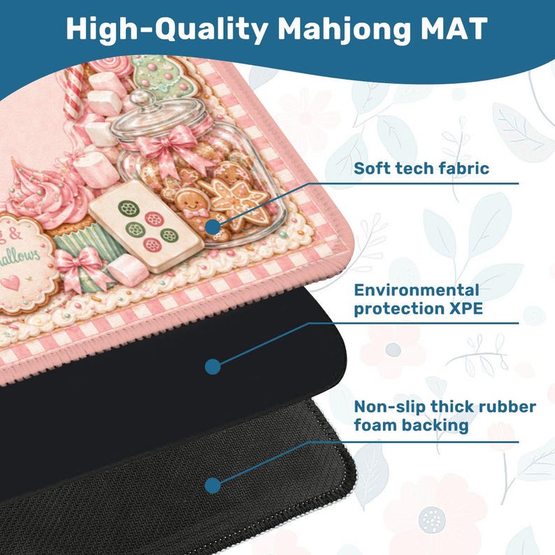 May include: A rectangular Mahjong mat featuring a pink and white checkered border and a central illustration of gingerbread cookies, a glass jar, and cupcakes. The mat includes layers of soft tech fabric, environmental protection XPE, and a non-slip thick rubber foam backing.