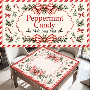 Peppermint Candy Cane Mahjong Mat, Red Stripe Bow Mahjong Table Cover, Classic Christmas Mahjong Mat