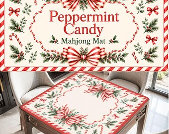Peppermint Candy Cane Mahjong Mat, Red Stripe Bow Mahjong Table Cover, Classic Christmas Mahjong Mat