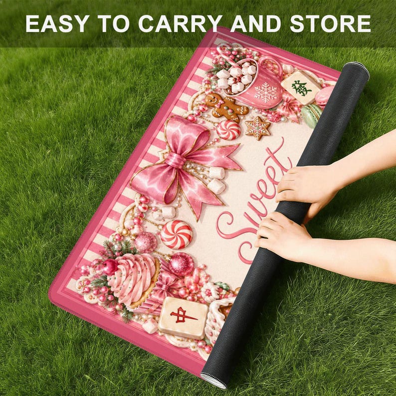 May include: A rectangular pink mat with a candy-themed design, featuring a large pink bow, candies, and the word "Sweet." The mat is rolled up, with the text "EASY TO CARRY AND STORE" at the top.