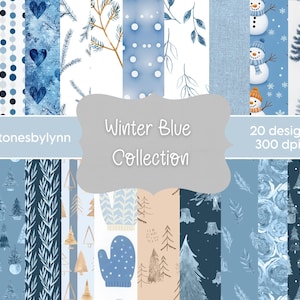 Printable digital Paper, pastel blue winter pattern, bundle for junk journal and scrapbooking, Big journal kit digital background