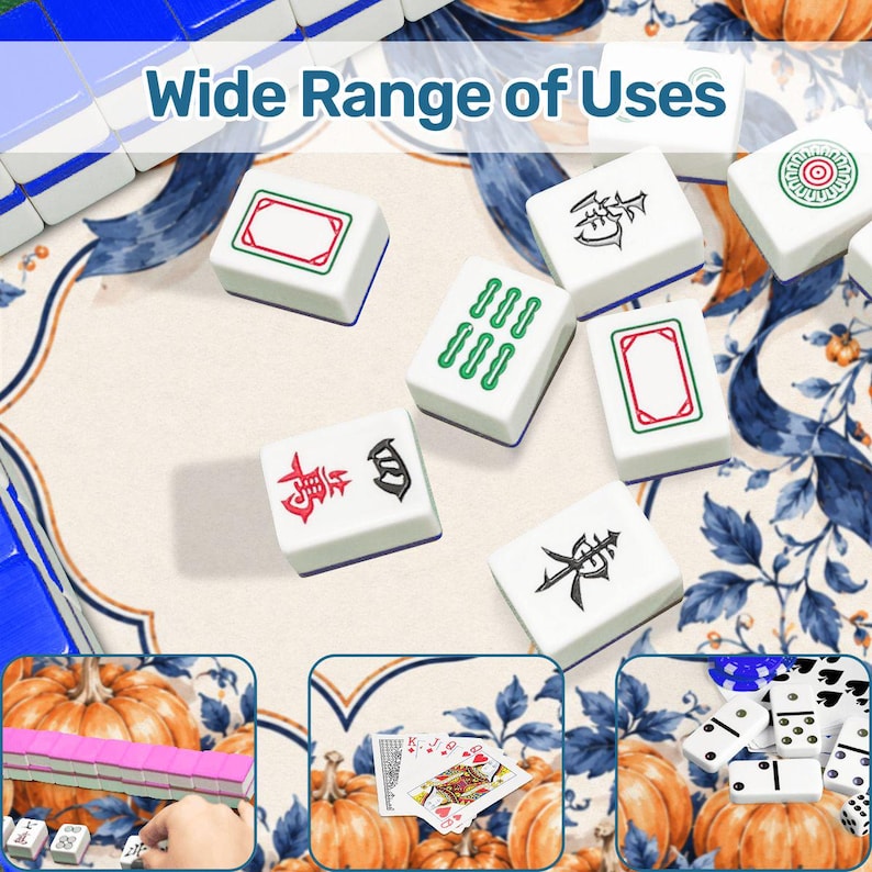 May include: A collection of white Mahjong tiles with red, green, and black symbols, alongside playing cards and dominoes. The text Wide Range of Uses is displayed at the top. The tiles feature various characters and patterns on their faces.