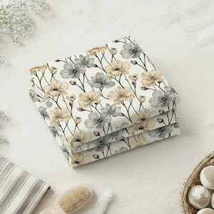 Beige & Gray Floral Shower Curtain | Neutral Botanical Bathroom Decor | Modern Farmhouse Flower Bath Curtain 72x72