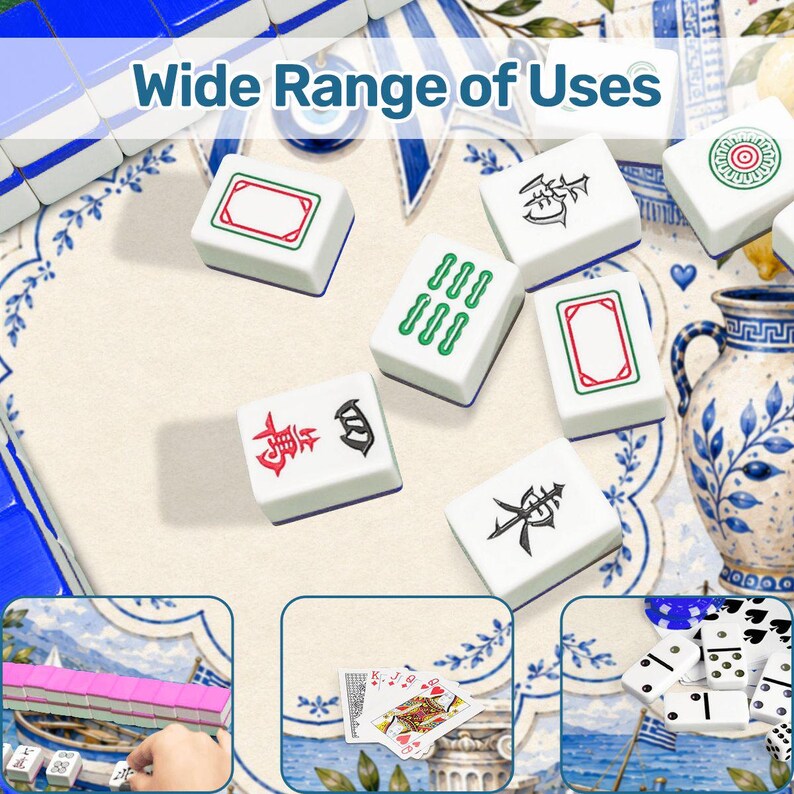 Op de afbeelding: Een verzameling witte Mahjong-tegels met groene, rode en zwarte symbolen, inclusief blanco tegels en karaktertegels. De afbeelding bevat de tekst Wide Range of Uses en toont kleinere inzetfoto's met speelkaarten en dominostenen.