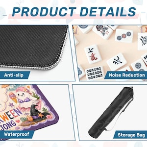 May include: A product detail collage featuring a black anti-slip mat texture, white mahjong tiles for noise reduction, a colorful mat surface with a ghost graphic and the text HALLOWEEN MAHJONG, and a black cylindrical storage bag with a shoulder strap.